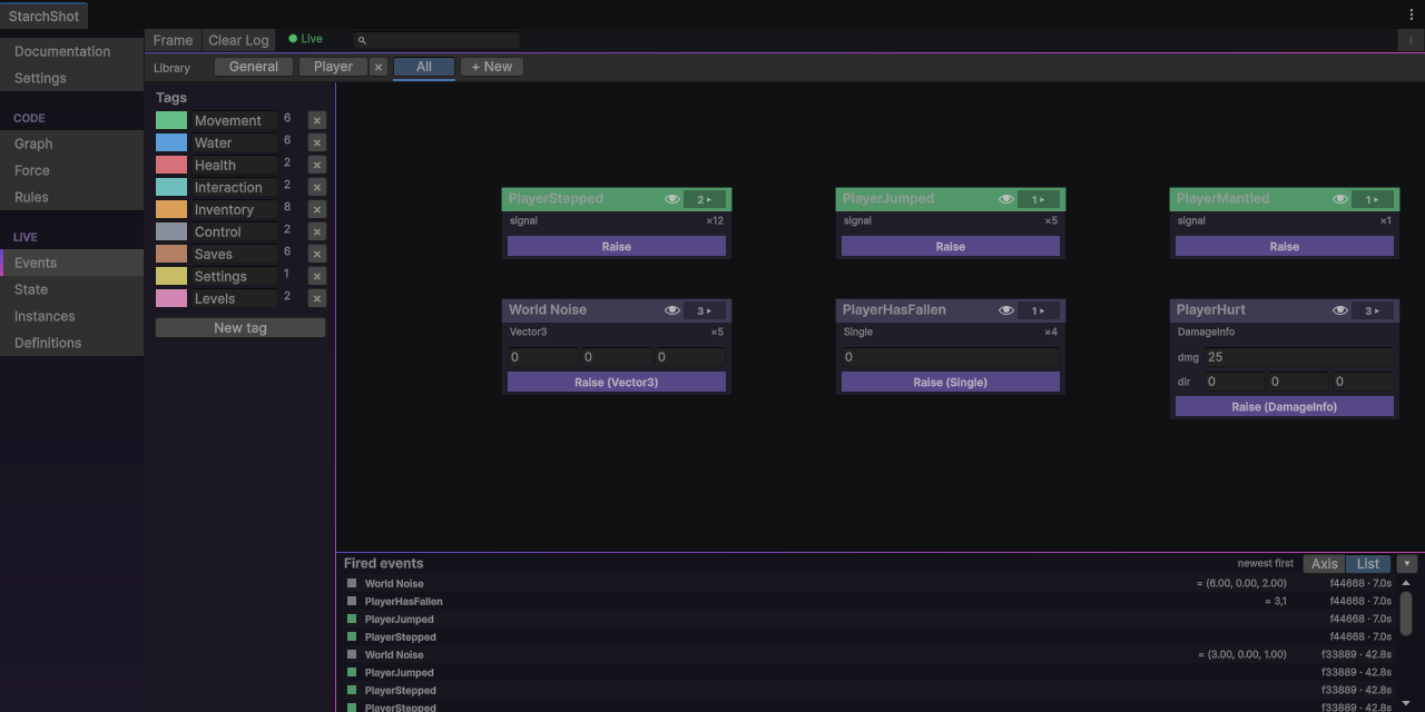 Event cards during play, with fire counters, listener badges and the log in list mode.